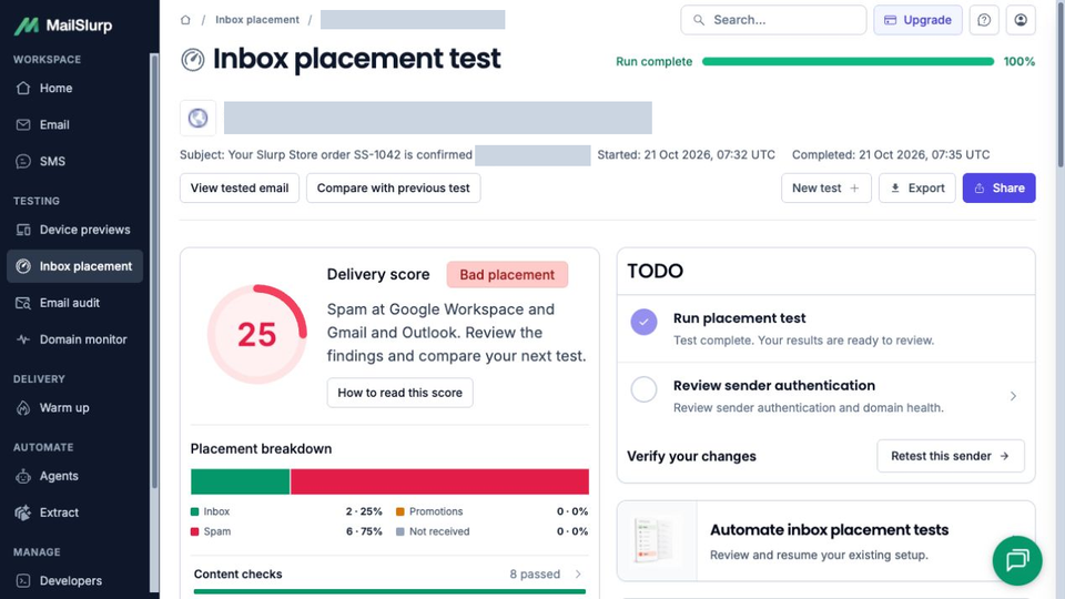 Completed Resend placement report showing score 25, two Inbox results, six Spam results and eight passed content checks