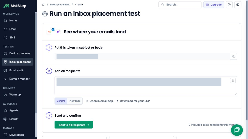 MailSlurp's Resend placement-test setup showing the test token, monitored recipient list and send confirmation control