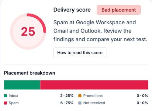 Resend placement-summary detail with two Inbox, six Spam, zero Promotions and zero Not received