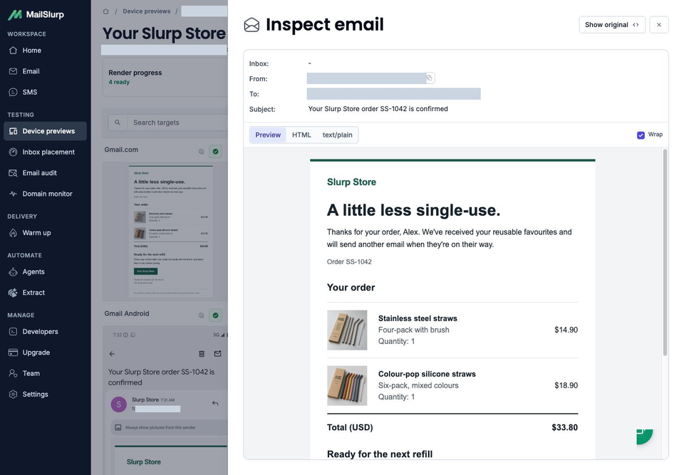 MailSlurp's Inspect email view showing the received Slurp Store receipt with two product photographs and a 33.80 dollar total