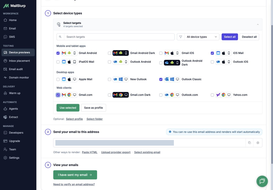MailSlurp's expanded target selector with Gmail.com, Gmail Android, iOS Mail and Outlook Classic selected