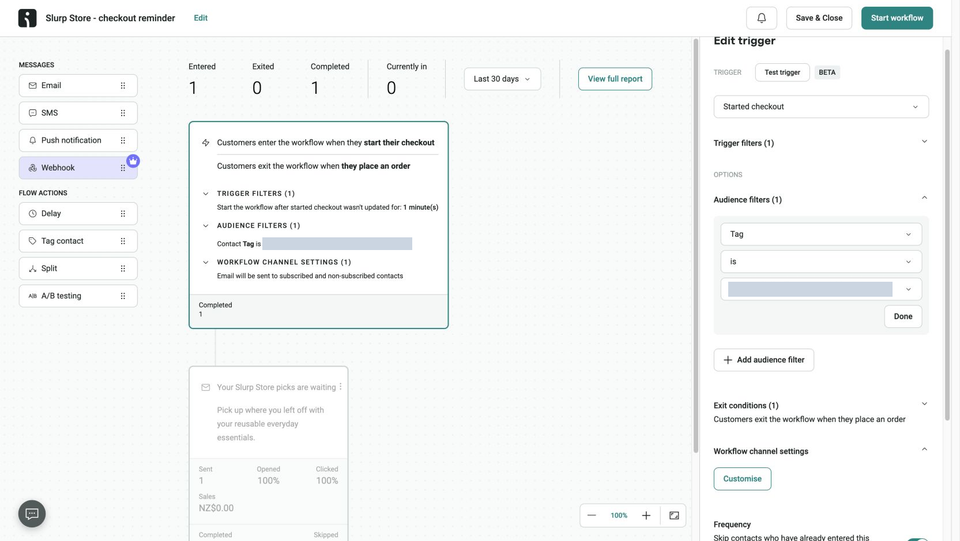 Full Omnisend workflow editor with the Started checkout trigger and exact tag audience filter open
