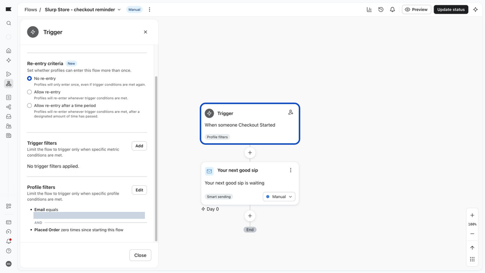Full Klaviyo flow editor with the Checkout Started trigger, No re-entry, exact-recipient and purchase filters, and one Manual email