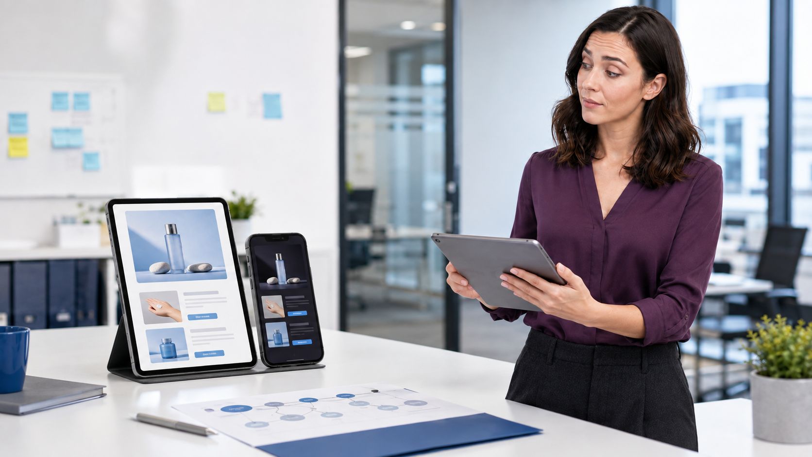 A marketer reviewing a Salesforce campaign on phone and tablet email previews