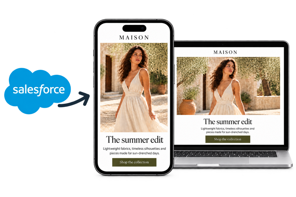 Salesforce logo with an arrow pointing to a fashion email campaign on a phone and laptop