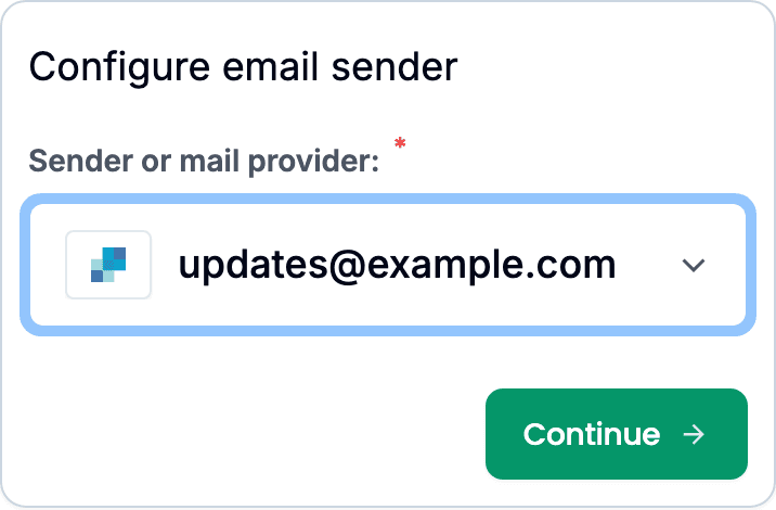 Example sender updates@example.com selected in MailSlurp