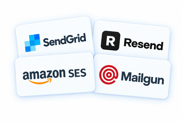 Sending provider artwork showing SendGrid, Resend, Amazon SES and Mailgun