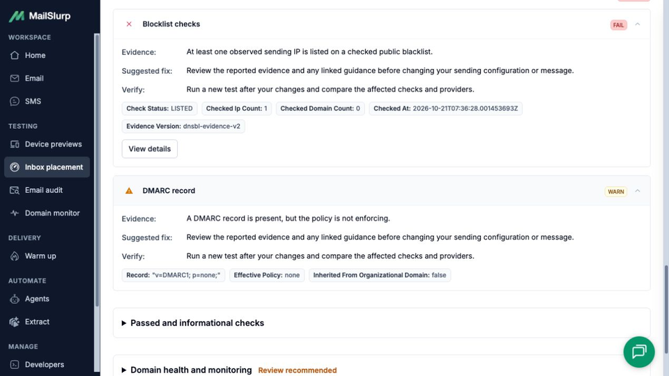 Expanded SendGrid sender findings showing an observed-IP blocklist failure and a DMARC warning for policy none