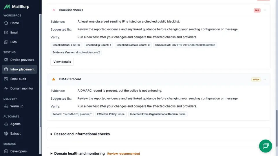 Expanded SendGrid sender findings showing an observed-IP blocklist failure and a DMARC warning for policy none