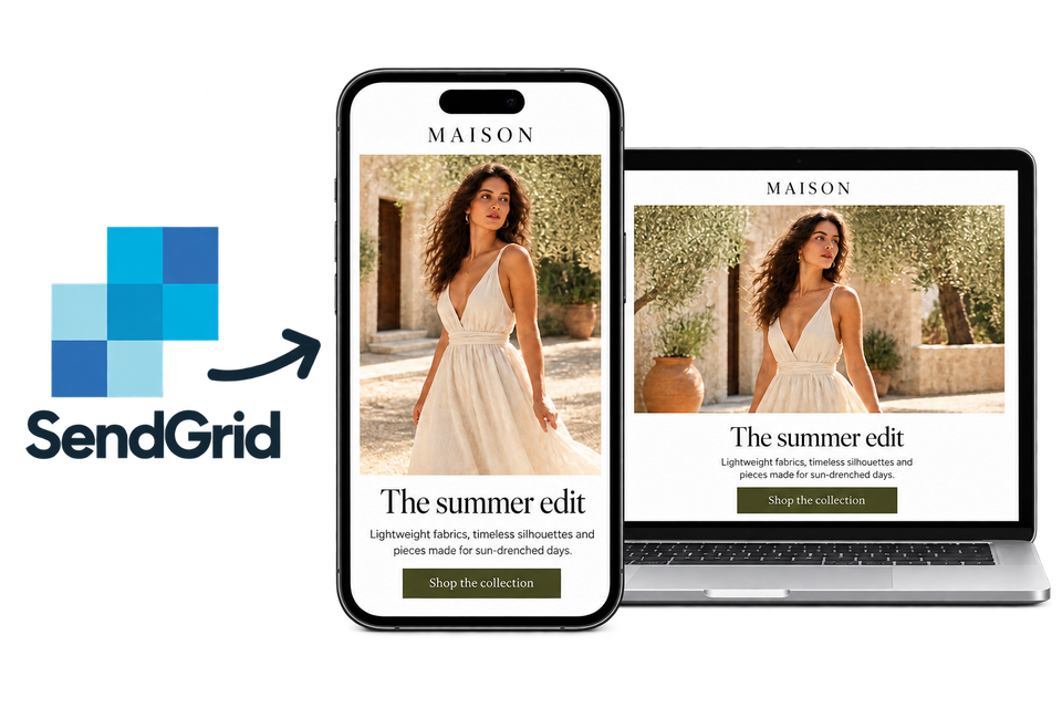 SendGrid logo with an arrow pointing to a fashion email campaign on a phone and laptop