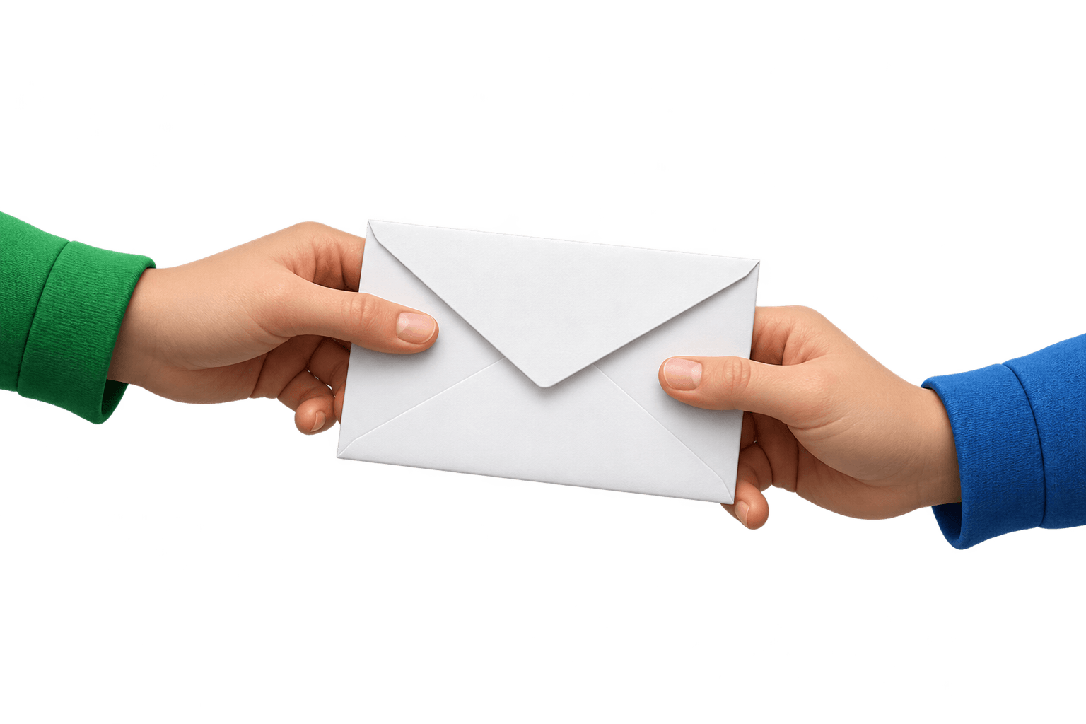 Two teammates in green and blue sleeves holding the same email envelope