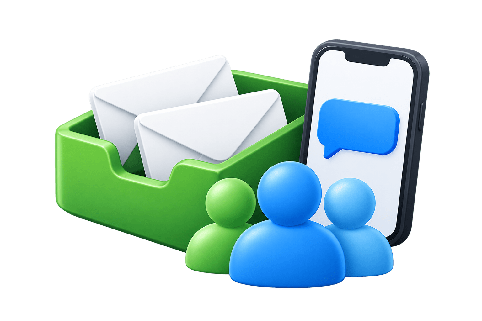 A shared green inbox, a phone and three teammates representing team email and SMS