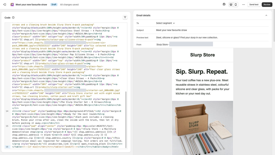 Shopify email editor showing the Slurp Store launch campaign, subject, sender and product photograph