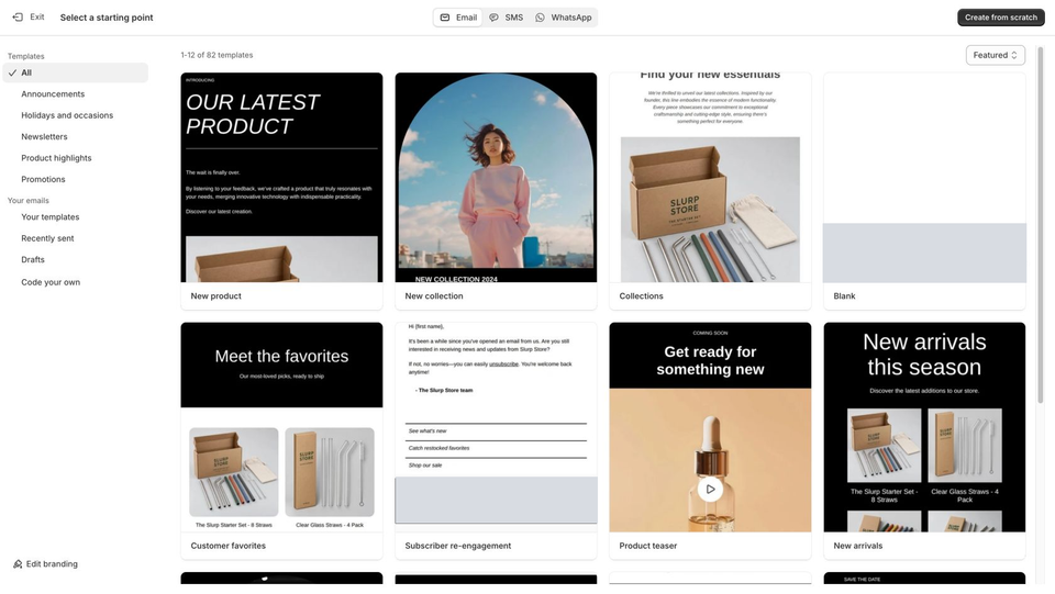 Shopify Messaging template picker with Email selected and Code your own available