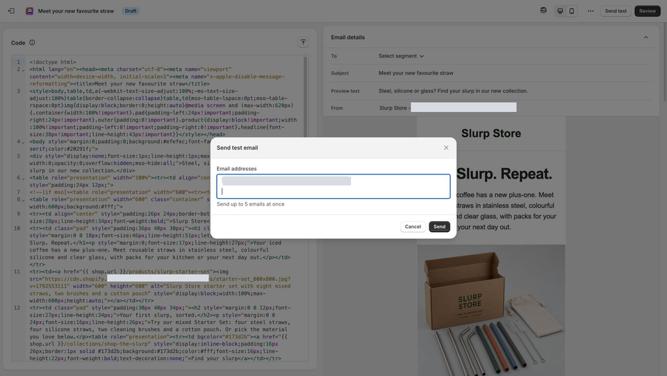 Shopify Send test email dialog with the MailSlurp render recipient entered