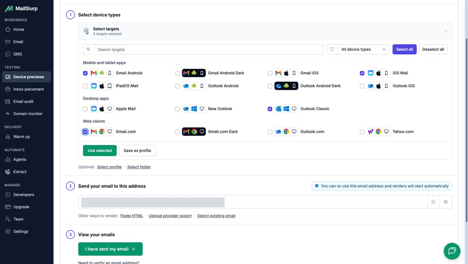 Expanded MailSlurp device selector showing the available apps and selected client set