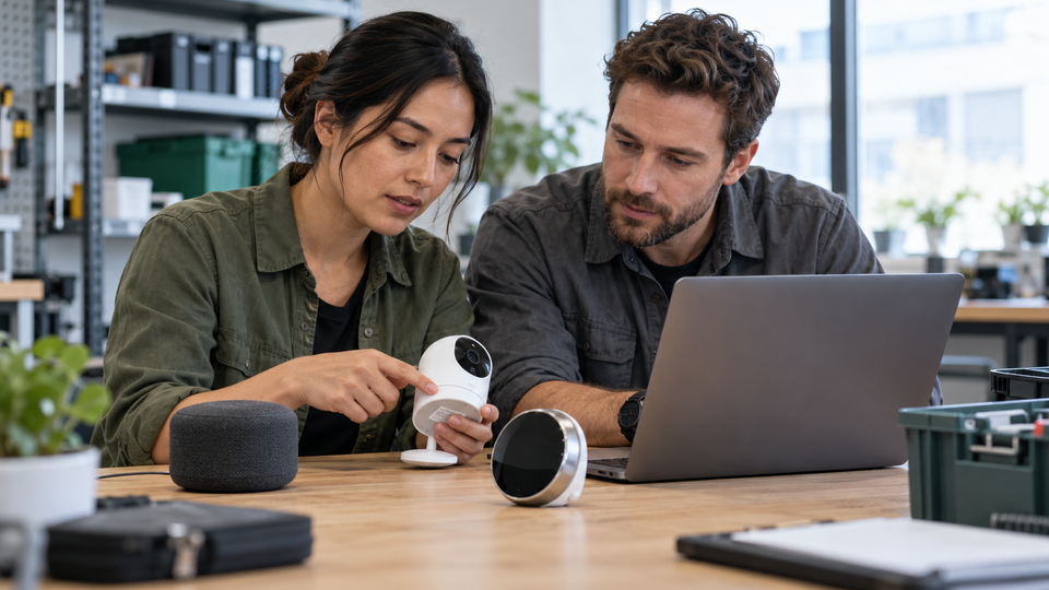Illustration of two colleagues setting up a camera, speaker, and thermostat beside a laptop