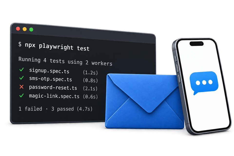 Illustrative test output beside email and SMS symbols