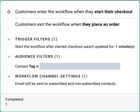 Detail of the Started checkout trigger with a Placed order exit, one-minute inactivity rule and exact tag audience filter