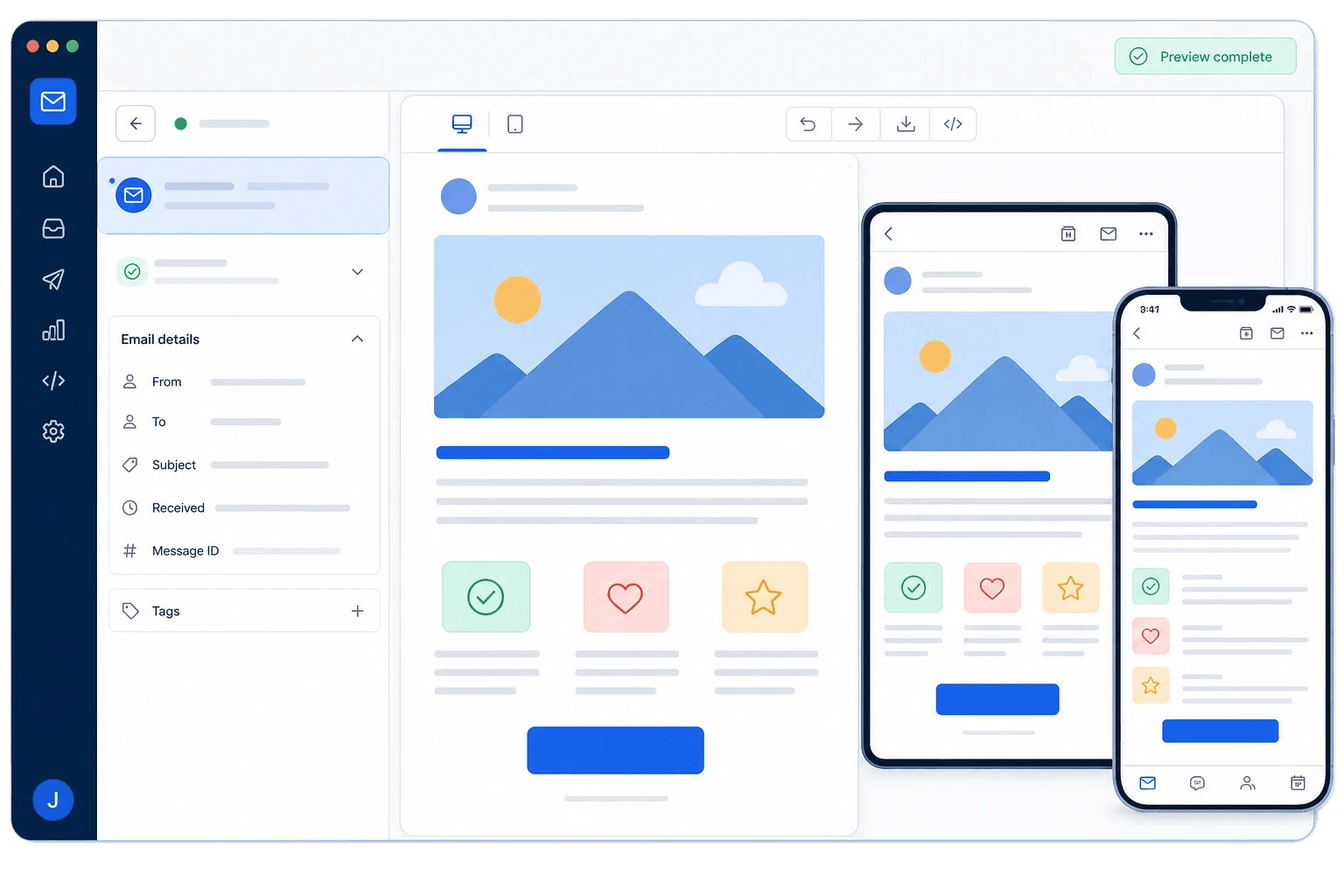 A delivered email displayed across desktop, tablet and mobile previews