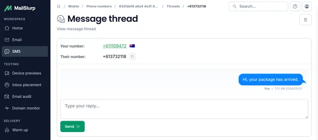 An SMS message thread in the MailSlurp dashboard
