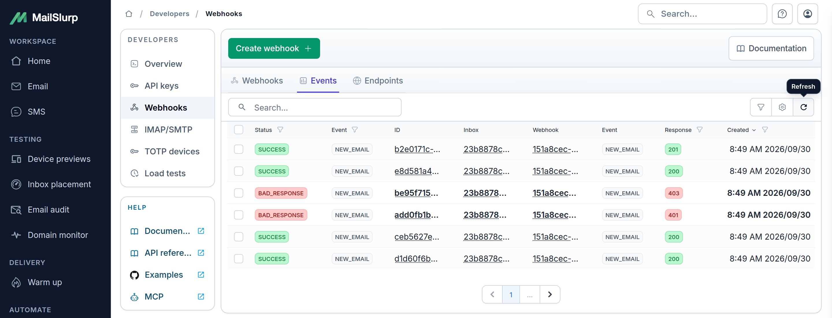 MailSlurp webhook event history showing endpoint response codes