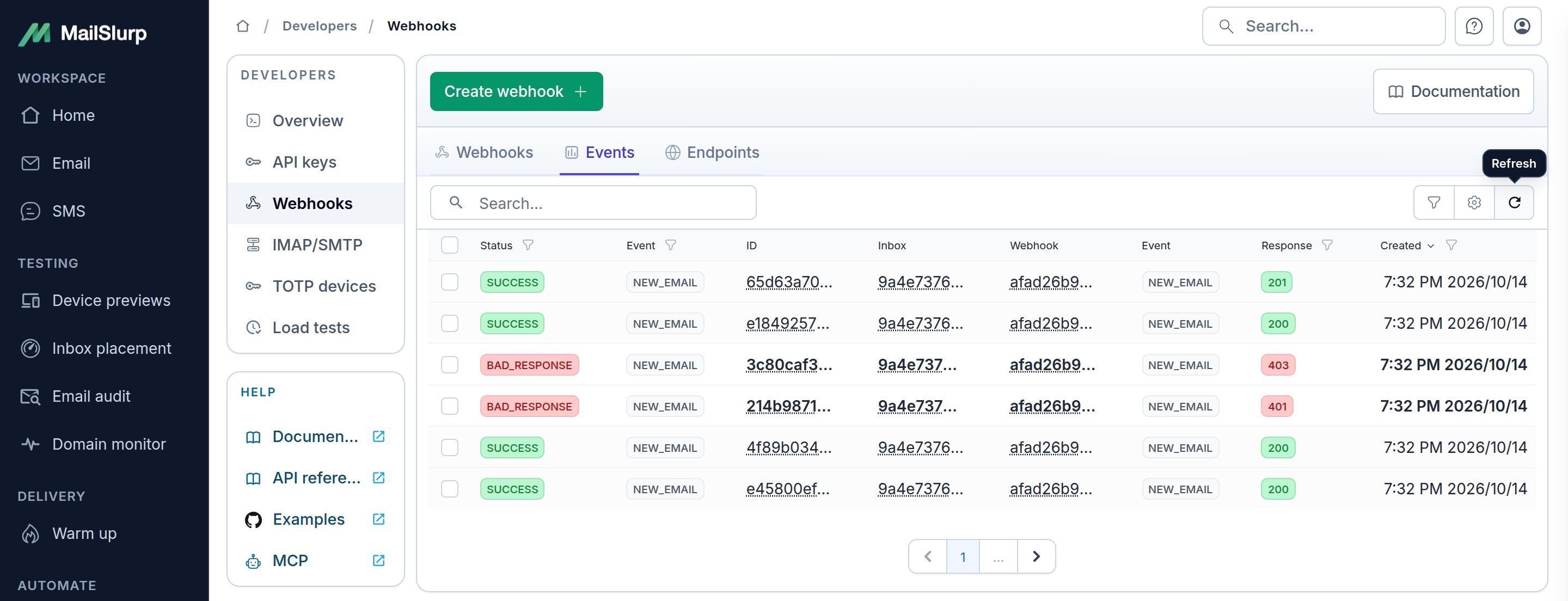 MailSlurp webhook events with successful and unsuccessful endpoint responses