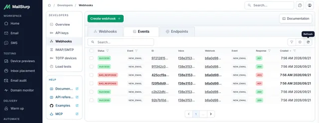 MailSlurp webhook history with email events, response codes, and delivery timestamps