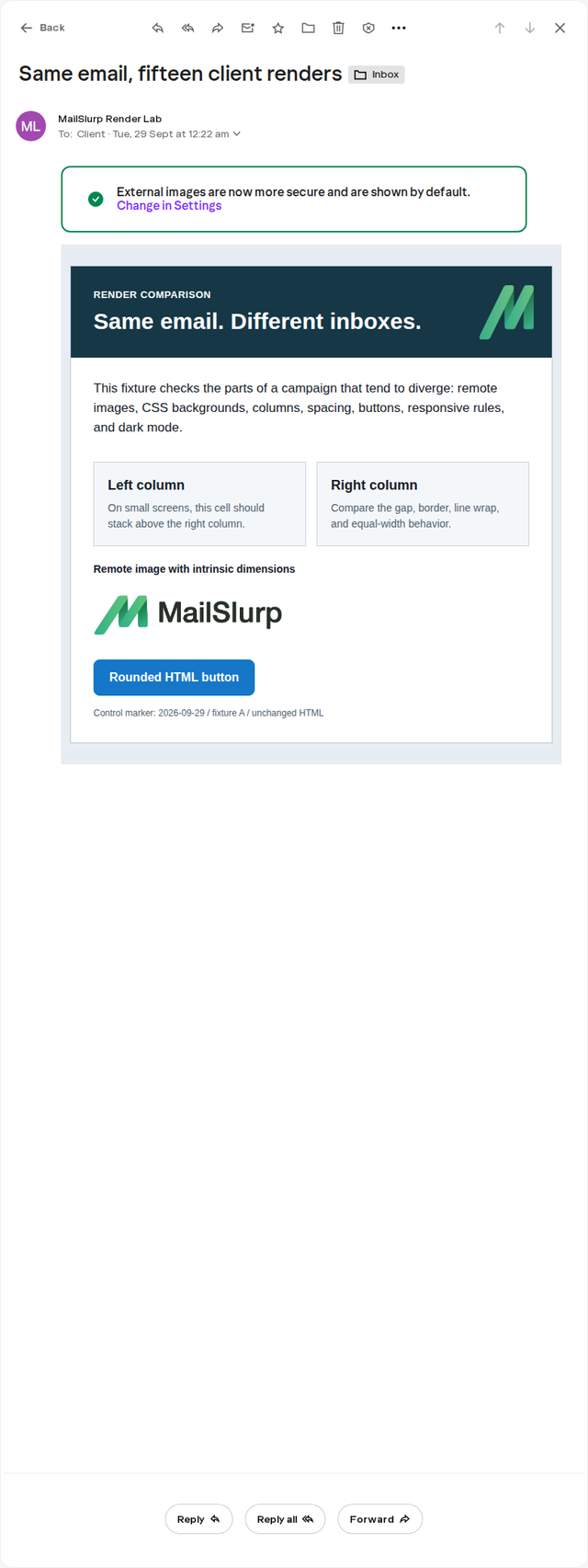 Controlled email in Yahoo Mail with hero logo, two columns, remote wordmark, and blue button
