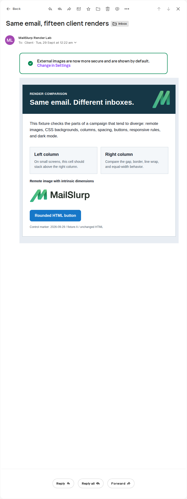 Controlled email open in Yahoo Mail with a two-column layout, hero background logo, remote MailSlurp wordmark, blue rounded CTA, and external-image notice