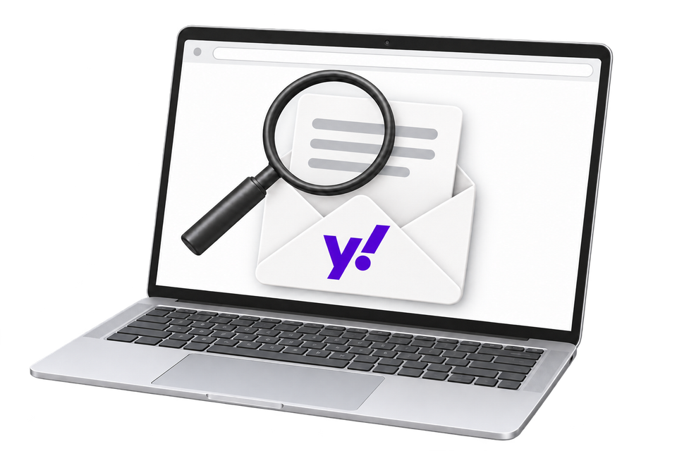 A Yahoo envelope and magnifying glass on a laptop illustrating a webmail campaign review