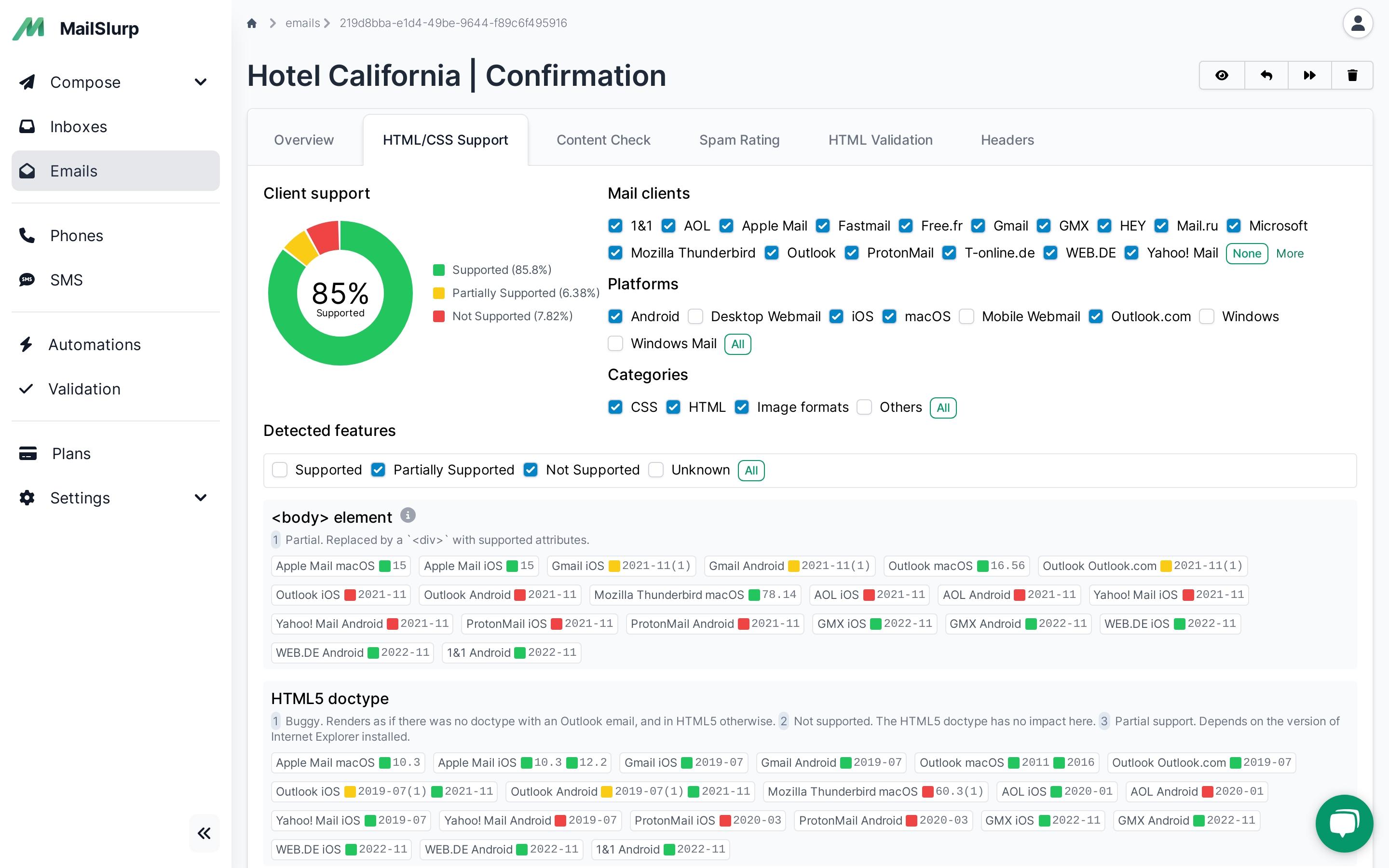 check email feature support