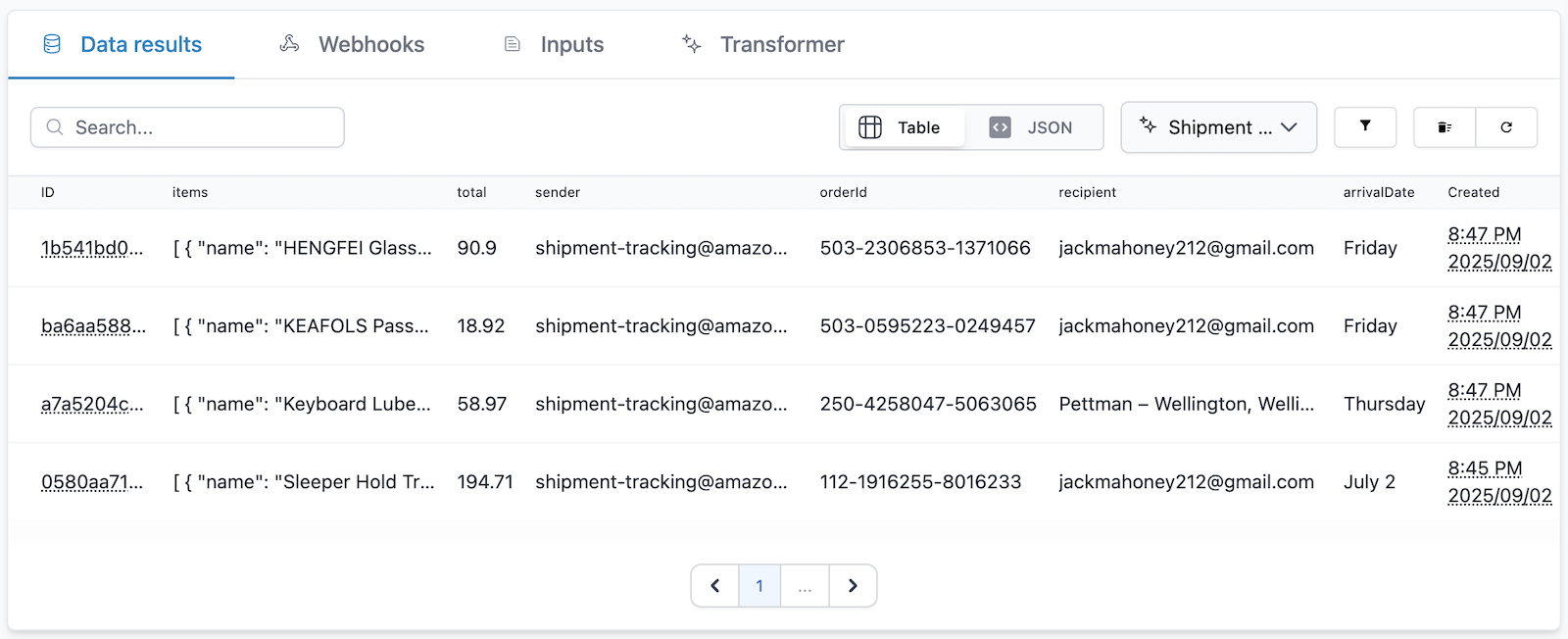 MailSlurp dashboard view of structured data that was extracted by AI.