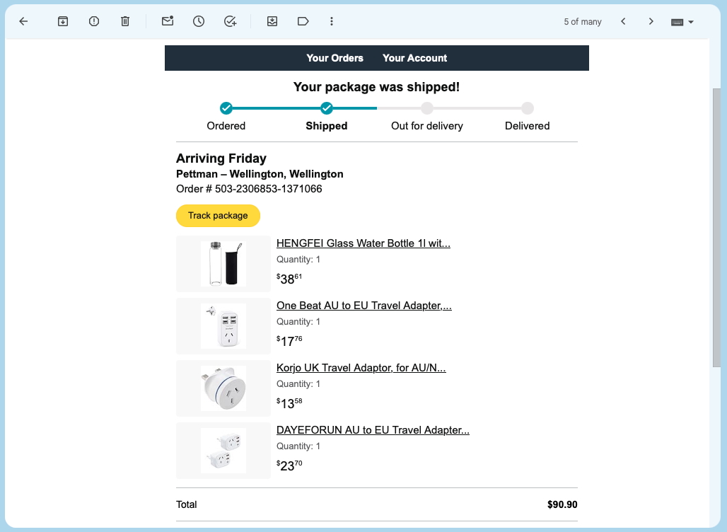 Typical Amazon order email showing items, prices, and shipping details.