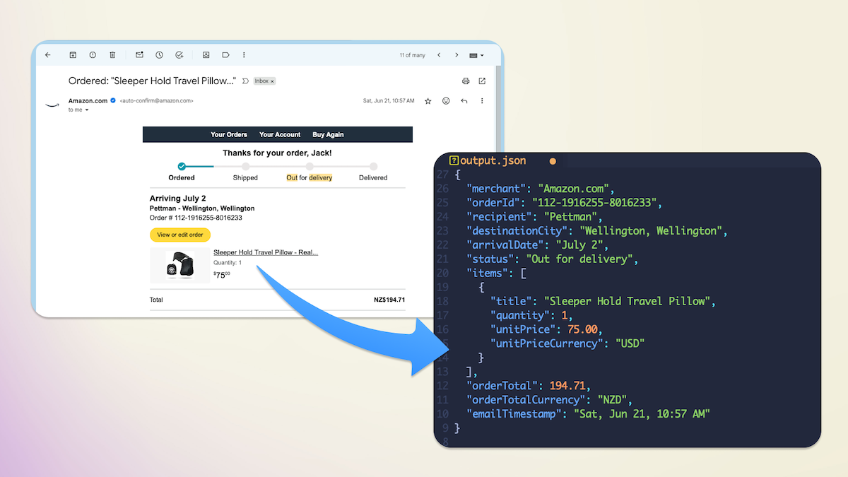 Convert product order email receipts into structured data using AI transformers