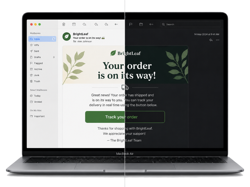 Email previews compared across light mode, dark mode, and desktop clients