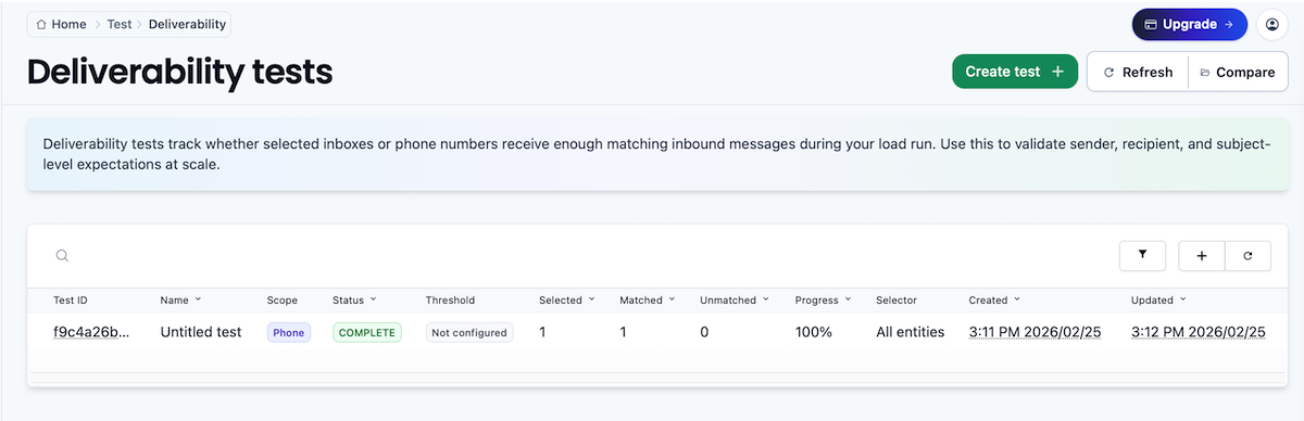 MailSlurp deliverability test creation screen