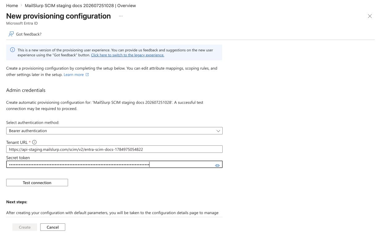 Microsoft Entra SCIM credentials with bearer authentication, tenant URL, and masked secret token