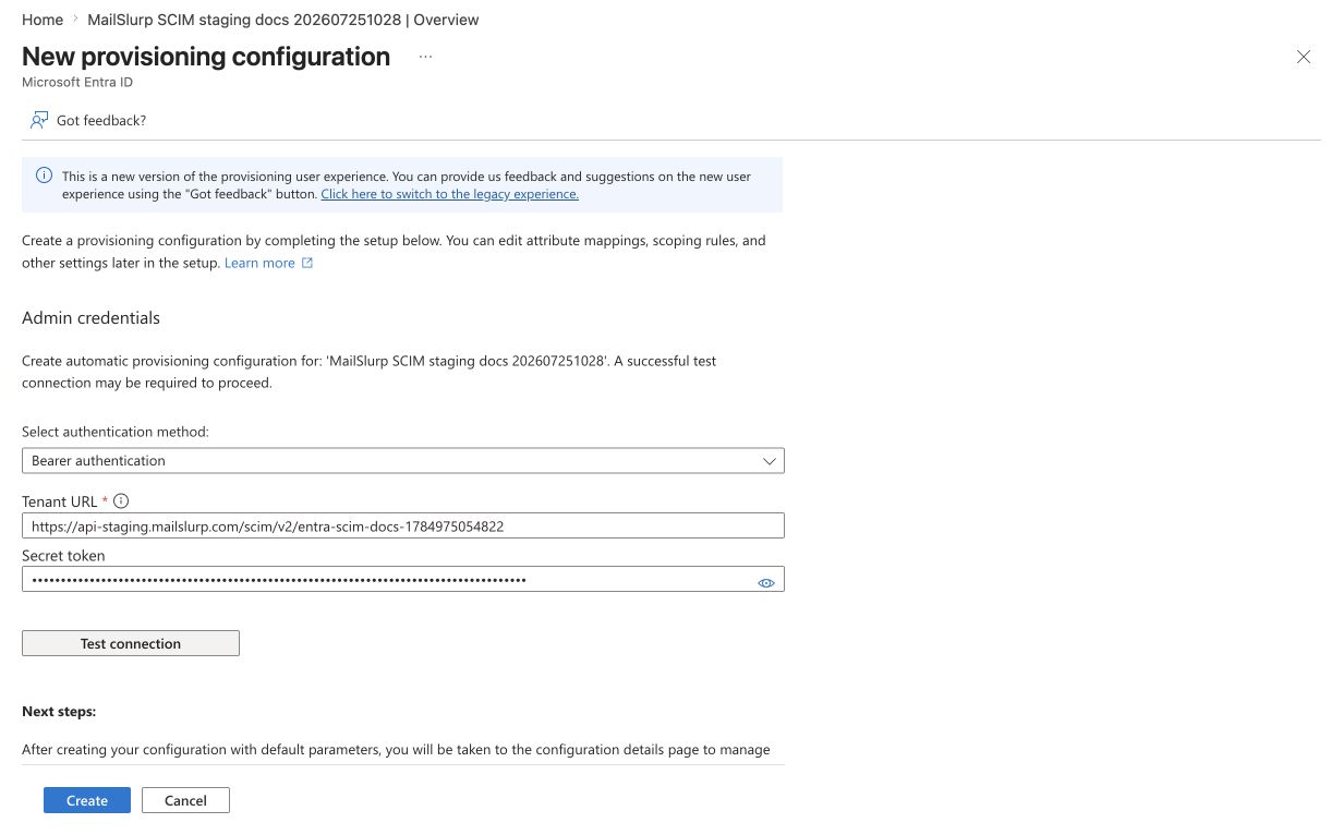 Microsoft Entra SCIM connection test complete with the Create button enabled