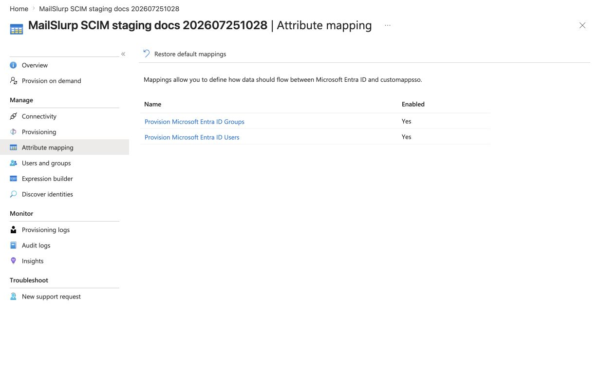 Microsoft Entra attribute mapping showing user and group provisioning enabled