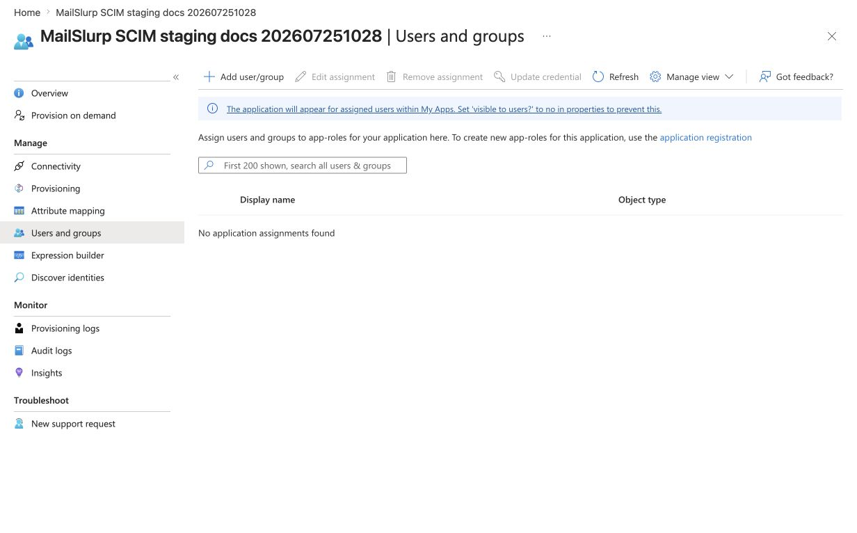 Microsoft Entra users and groups assignment page for a MailSlurp SCIM application