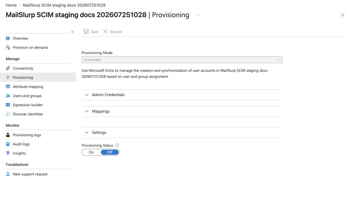 Microsoft Entra provisioning status control used to turn SCIM provisioning on