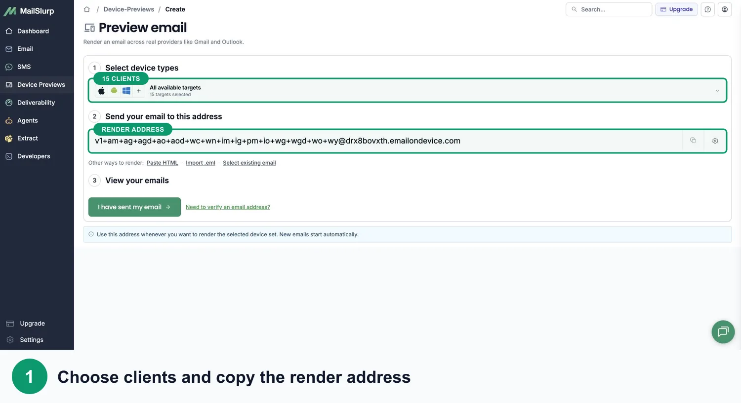 MailSlurp client selection and render address