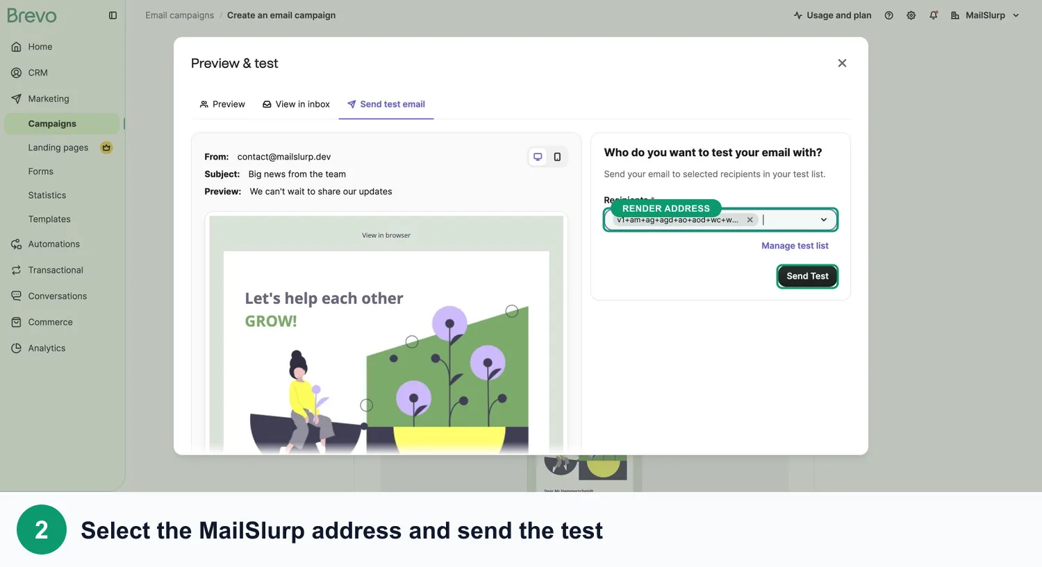 Brevo Preview and test dialog with the MailSlurp render recipient