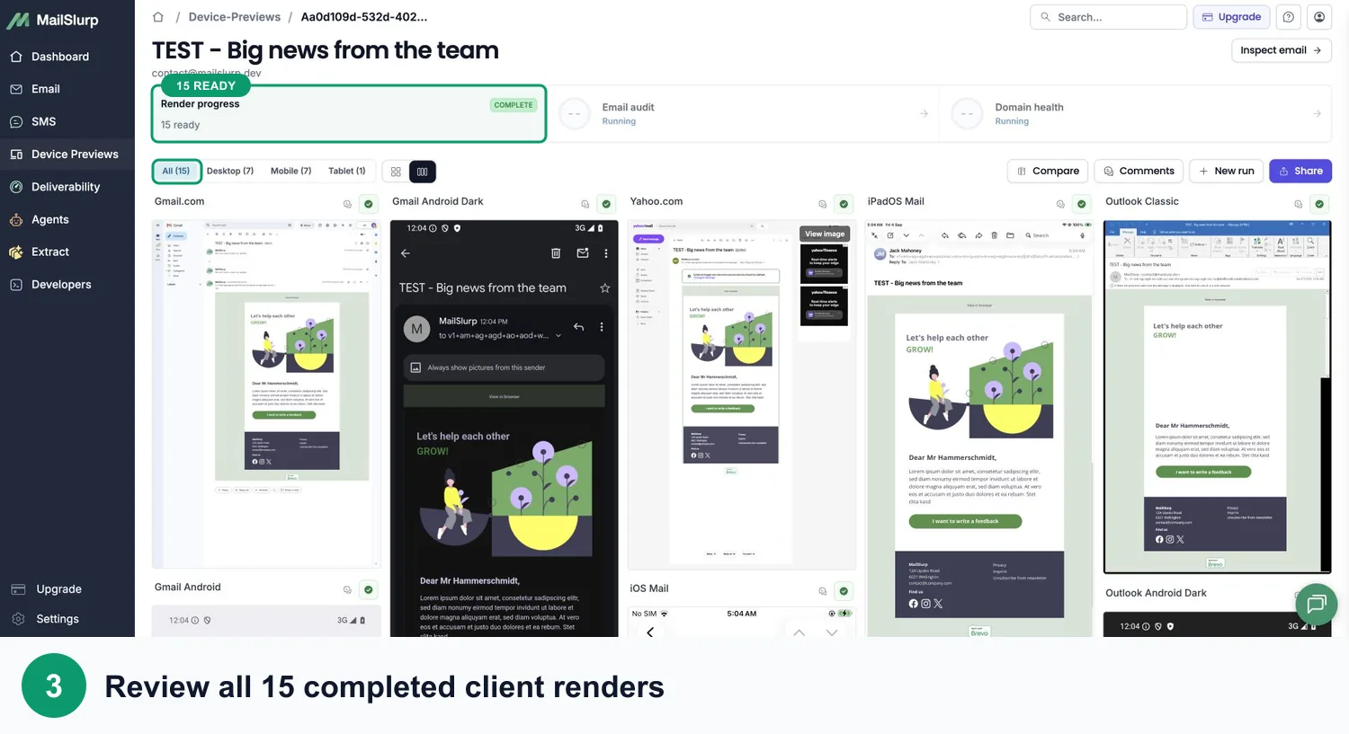 Completed MailSlurp Brevo email previews across web, mobile, and desktop clients