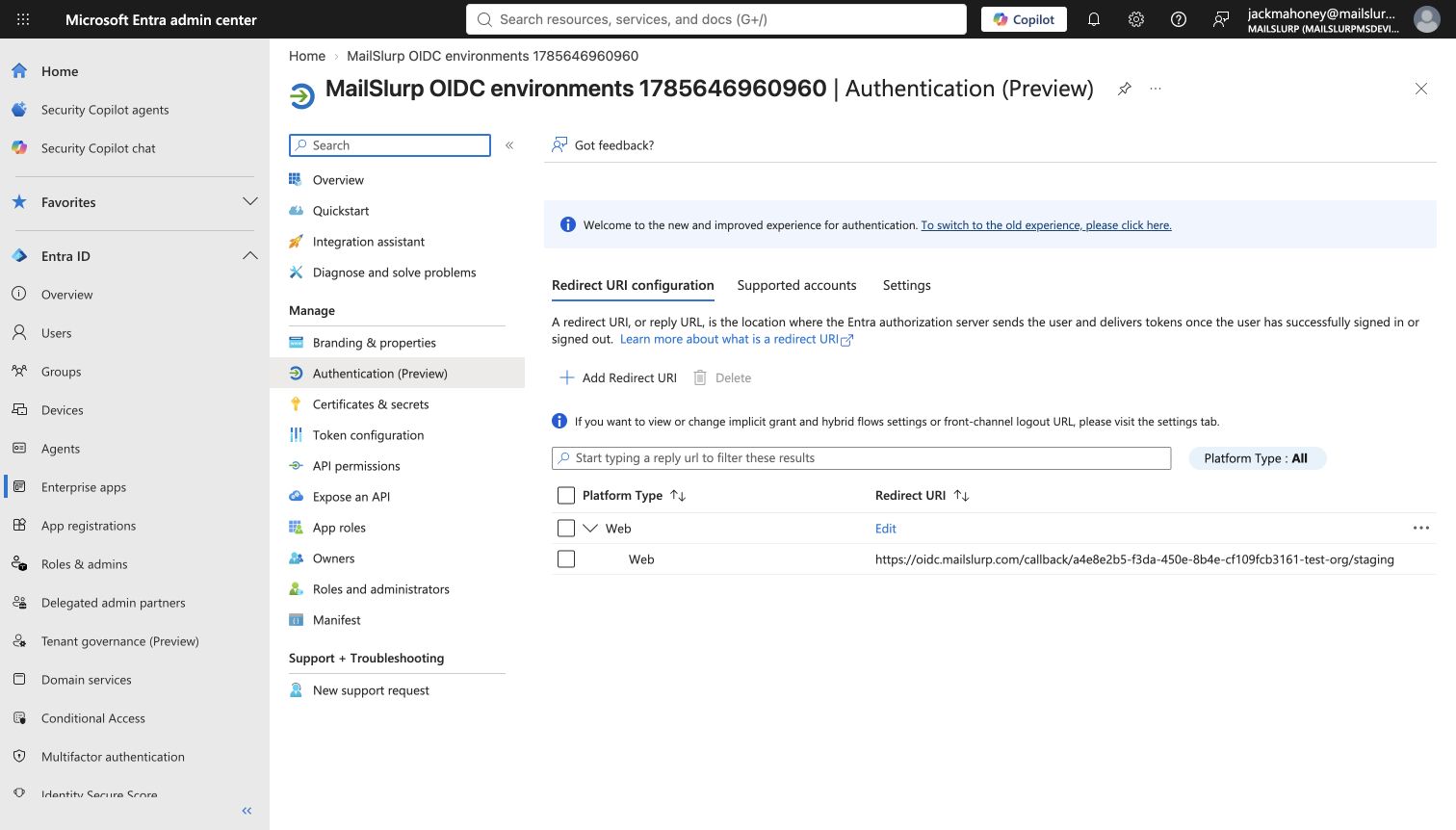 Entra OIDC redirect URI configuration