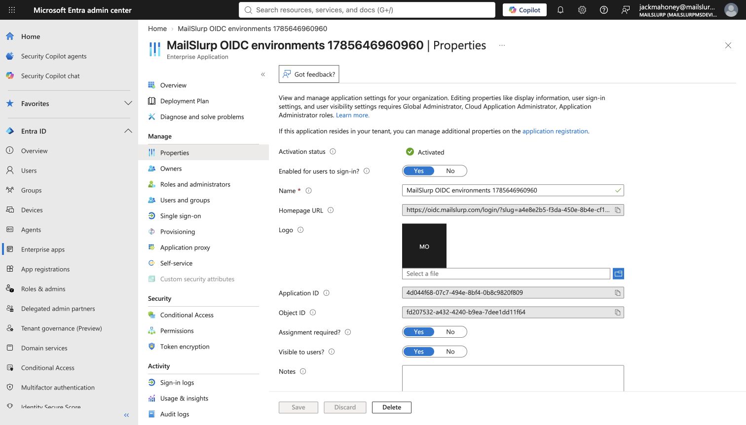OIDC Enterprise Application properties with assignment required