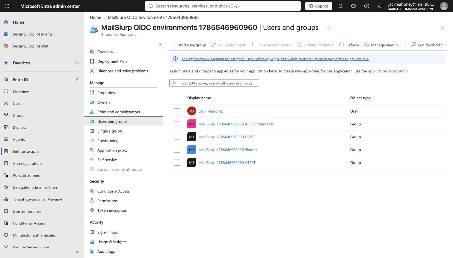 OIDC Enterprise Application group assignments
