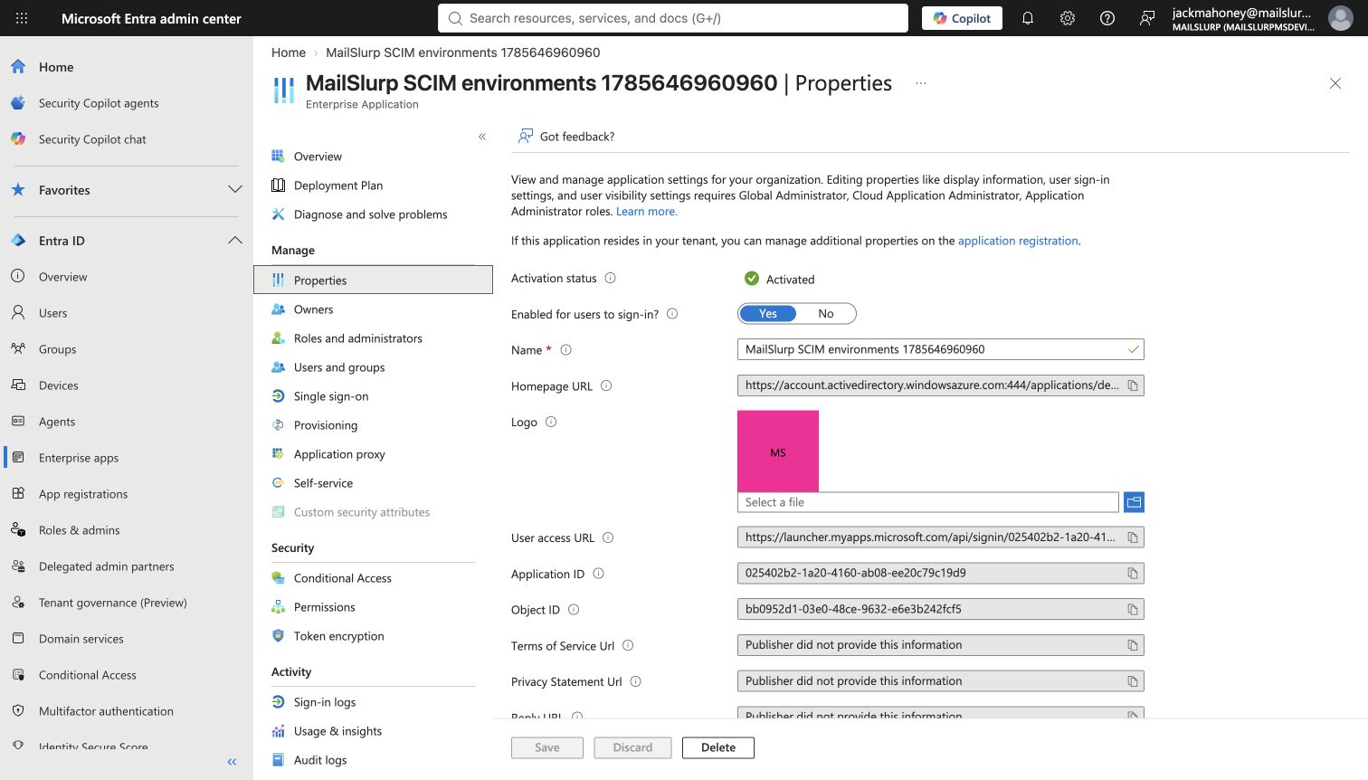 SCIM Enterprise Application hidden from My Apps