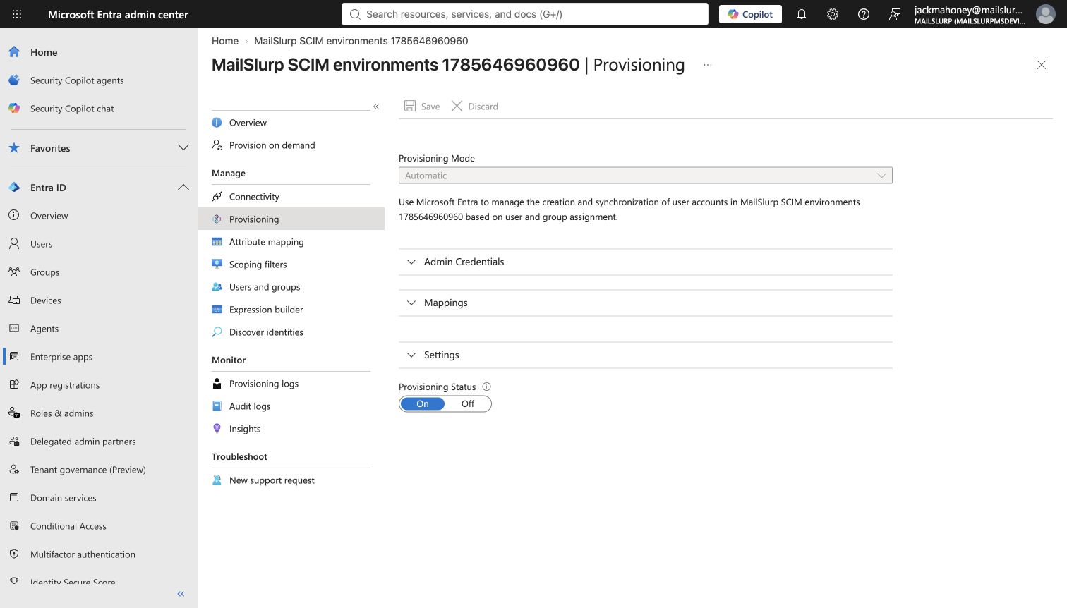 SCIM provisioning mode and status in Entra